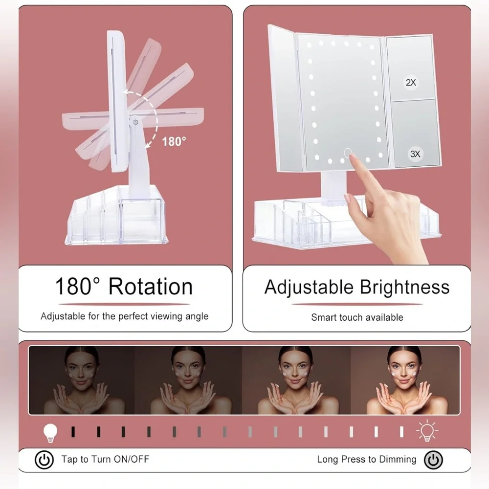 Tri-Fold 3x/2x Mag Cosmetic Vanity Mirror🪞w 24 Led Light💡Touch Screen&Storage